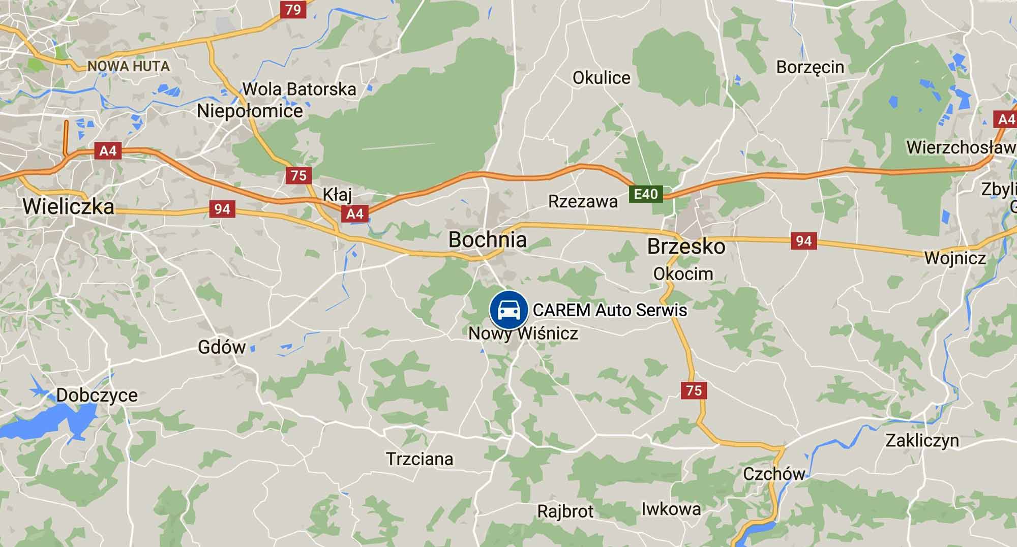 Dojazd do CAREM Auto Serwis Olchawa 150 – mapa Nowy Wiśnicz
